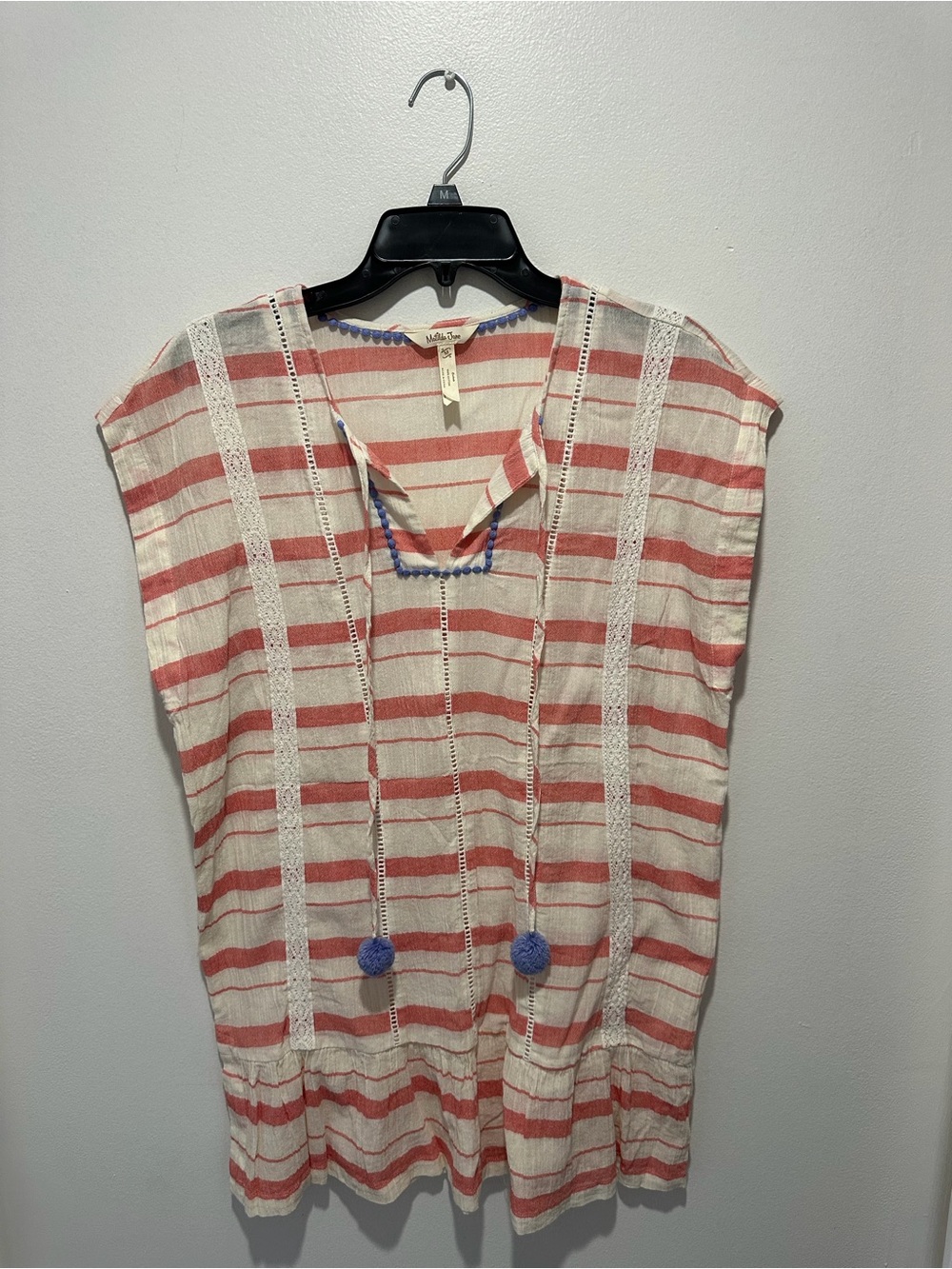 Matilda Jane Womens M Striped Tunic Top Pom Pom Tie Lace Trim Boho Cottagecore